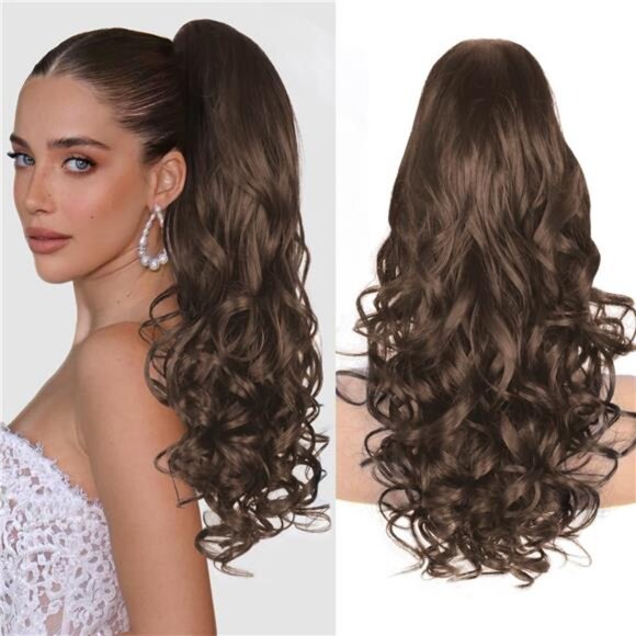 Long Curly Wavy Ponytail Extensions Dark Chocolate Brown